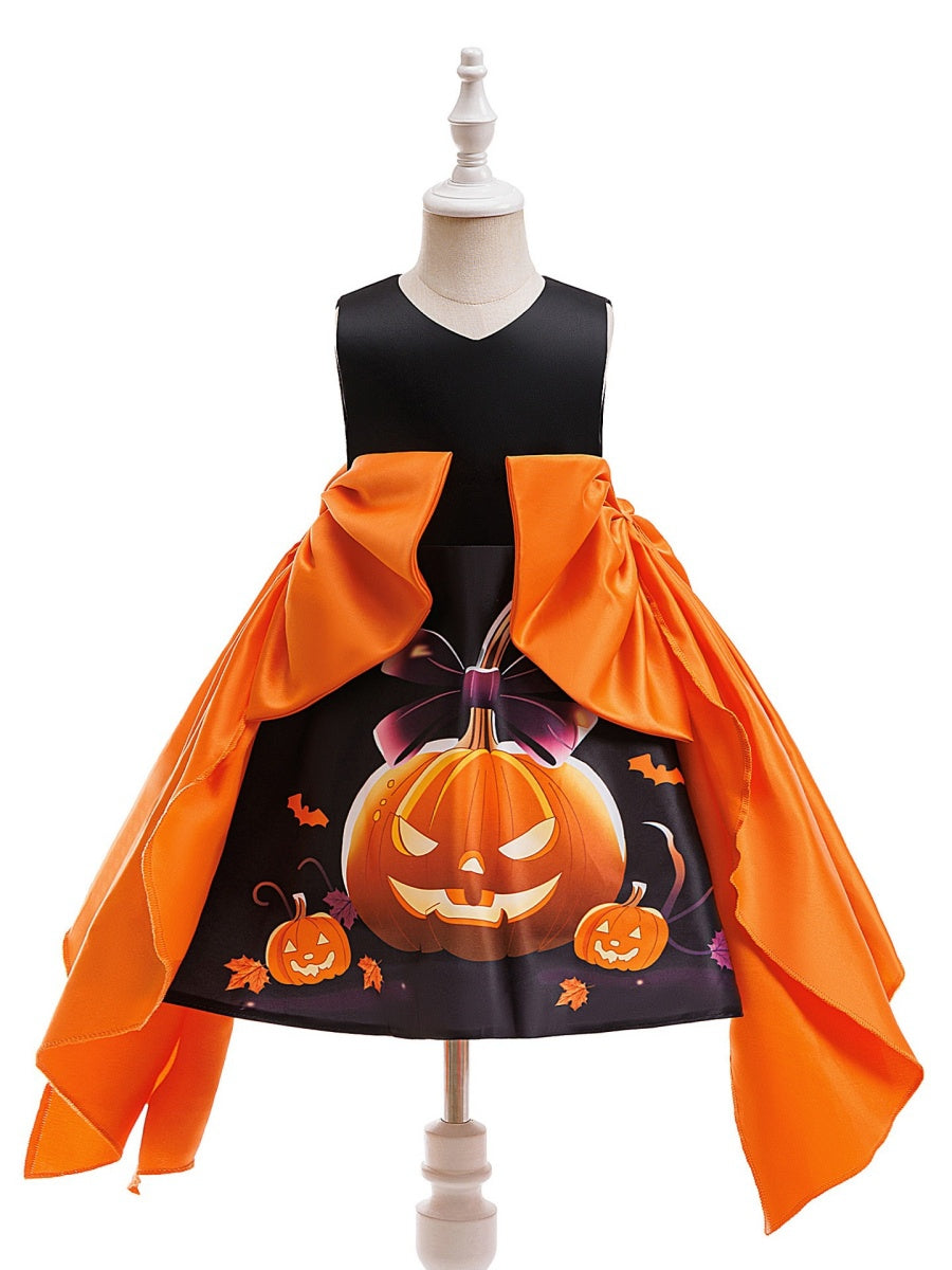 Ball Gown Crew-Neck Sleeveless Tea-Length Printed Halloween Dresses for Girls With Bowknot