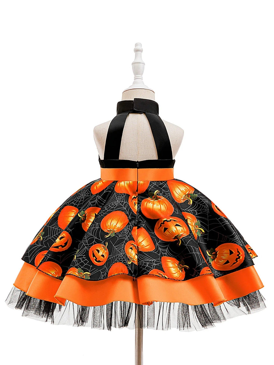 Sequin Ball Gown Halter Sleeveless Tea-Length Printed Halloween Dresses for Girls With Sash