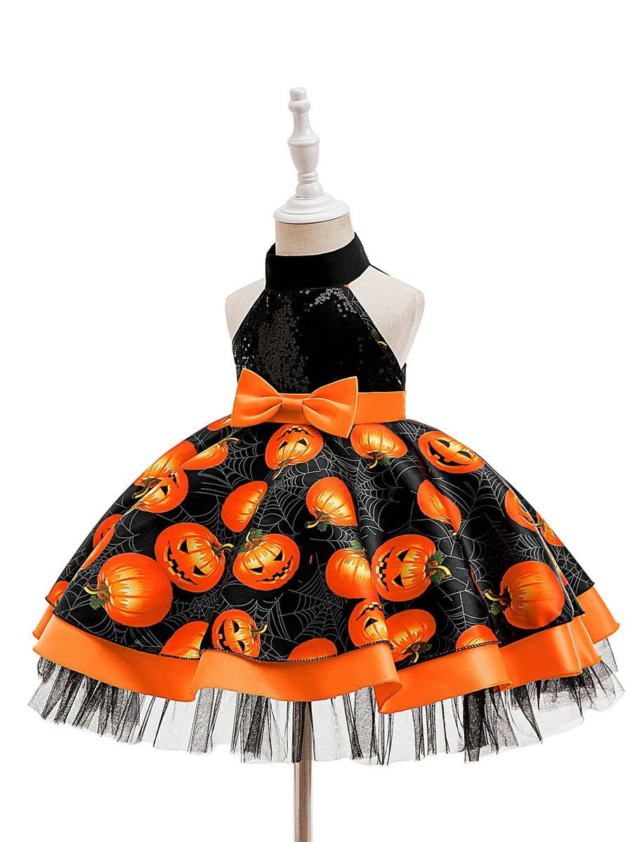 Sequin Ball Gown Halter Sleeveless Tea-Length Printed Halloween Dresses for Girls With Sash