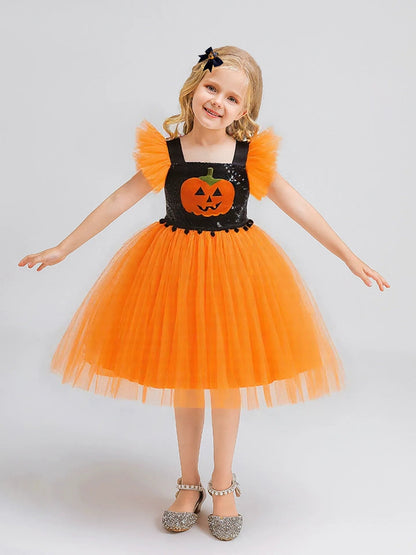 Printed A-Line/Princess Square Neck Flying Sleeves Knee-Length Halloween Dresses for Girls With Pleats & Sequins
