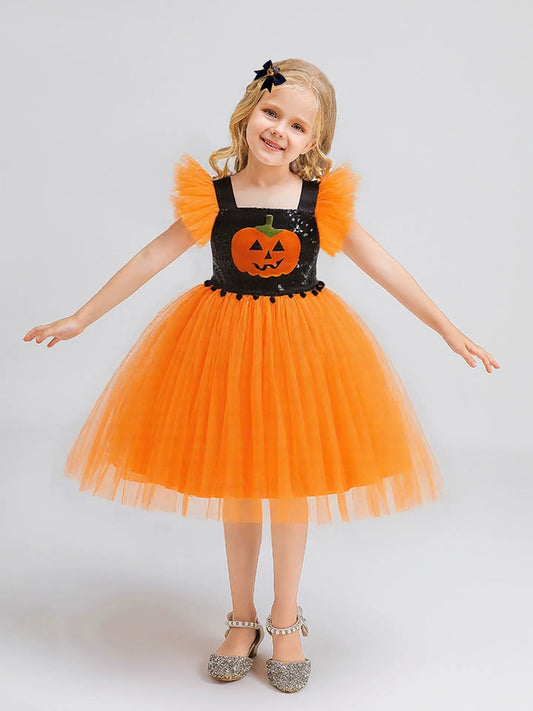 Printed A-Line/Princess Square Neck Flying Sleeves Knee-Length Halloween Dresses for Girls With Pleats & Sequins