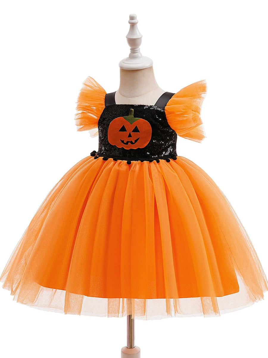 Printed A-Line/Princess Square Neck Flying Sleeves Knee-Length Halloween Dresses for Girls With Pleats & Sequins