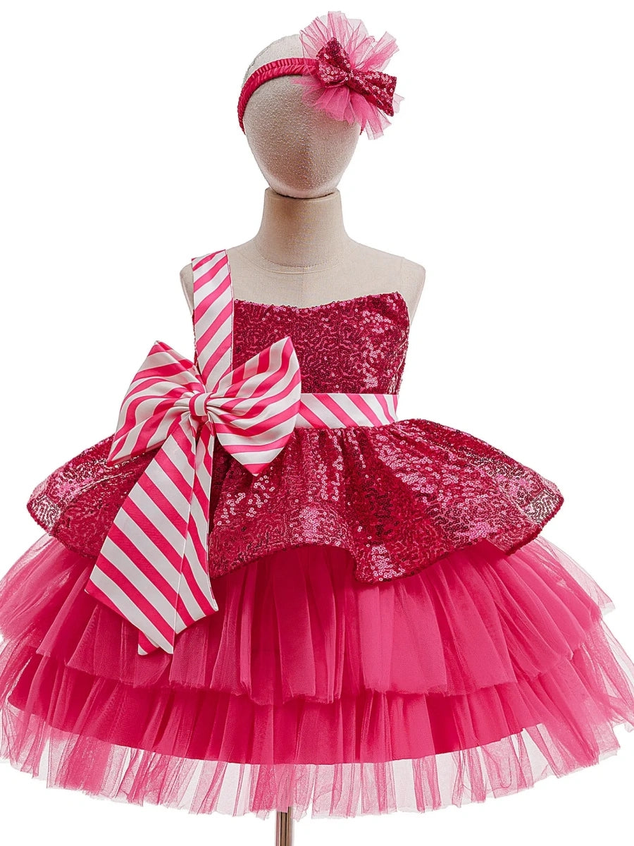 A-Line/Princess One-Shoulder Sleeveless Christmas Dresses for Girls WIth Bowknot & Sequins