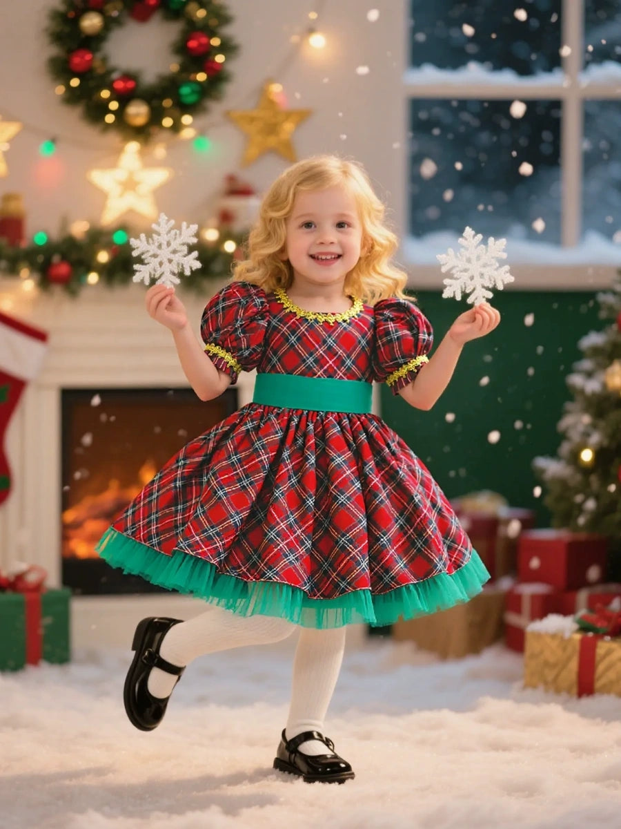 A-Line/Princess Scoop Short Sleeves Plaid Christmas Dresses for Girls WIth Sash