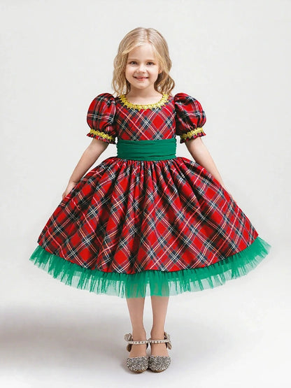 A-Line/Princess Scoop Short Sleeves Plaid Christmas Dresses for Girls WIth Sash