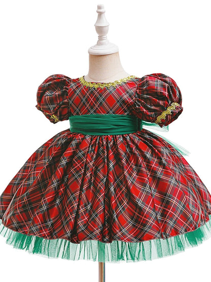 A-Line/Princess Scoop Short Sleeves Plaid Christmas Dresses for Girls WIth Sash