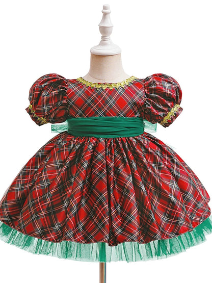 A-Line/Princess Scoop Short Sleeves Plaid Christmas Dresses for Girls WIth Sash