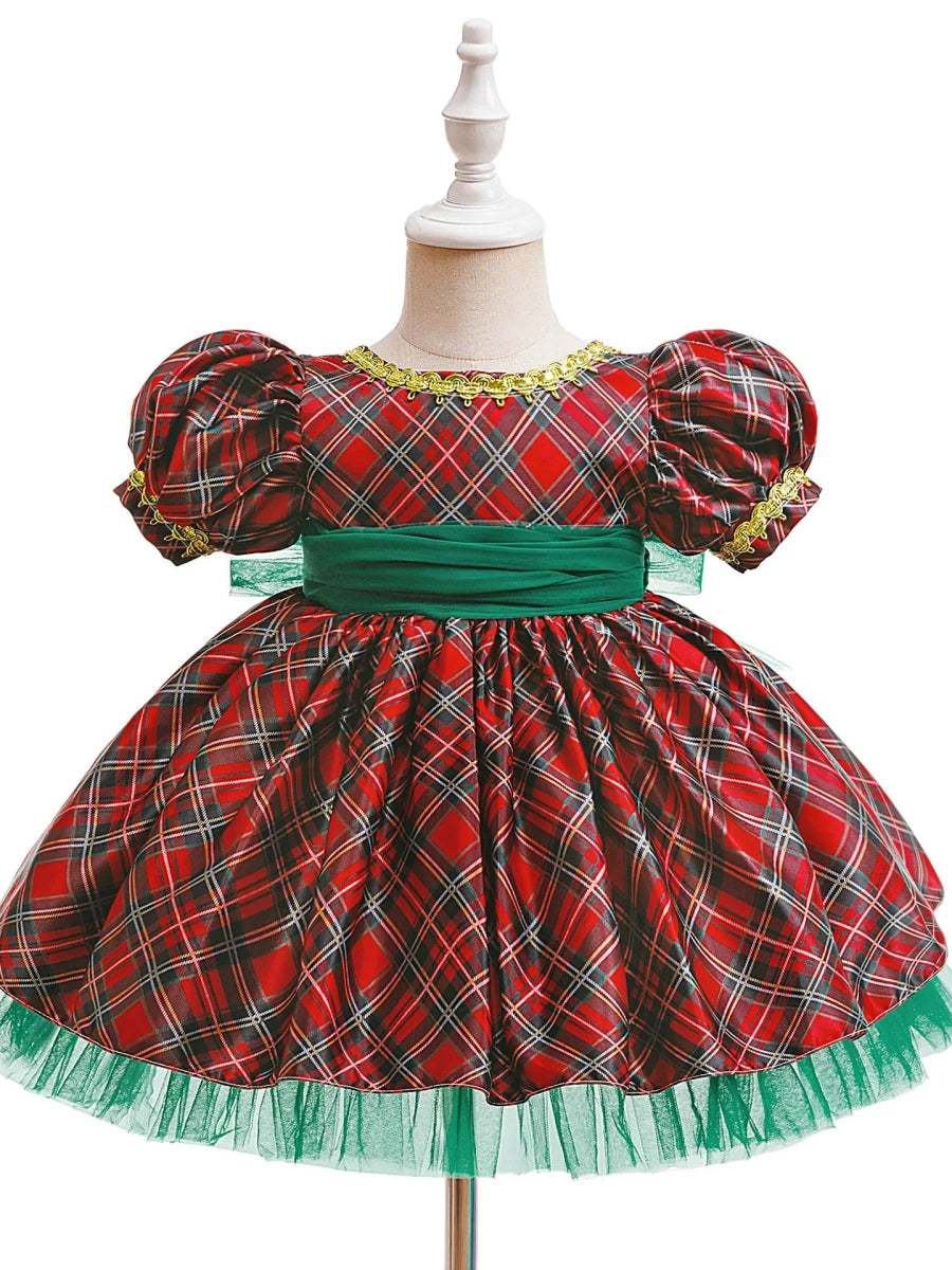 A-Line/Princess Scoop Short Sleeves Plaid Christmas Dresses for Girls WIth Sash