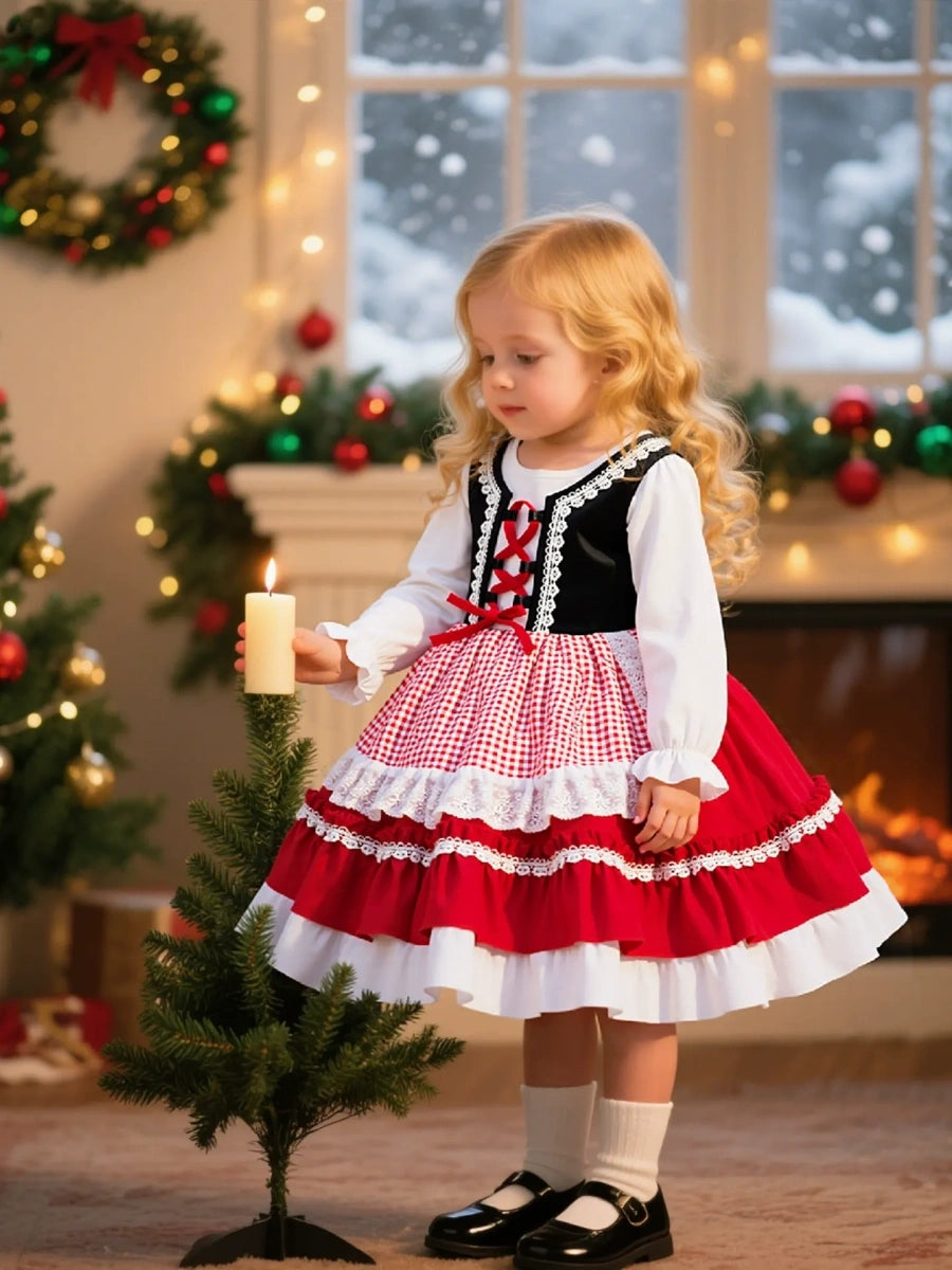 A-Line/Princess Scoop Half Sleeves Plaid Christmas Dresses for Girls WIth Pleats & Bowknot