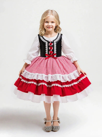 A-Line/Princess Scoop Half Sleeves Plaid Christmas Dresses for Girls WIth Pleats & Bowknot