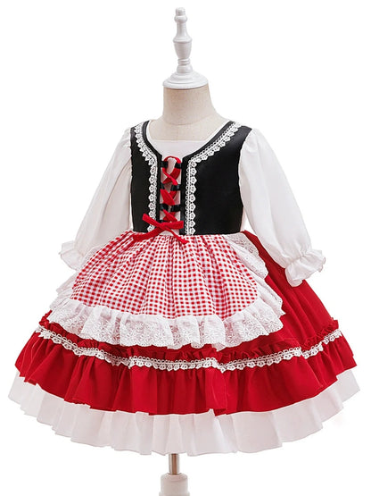 A-Line/Princess Scoop Half Sleeves Plaid Christmas Dresses for Girls WIth Pleats & Bowknot