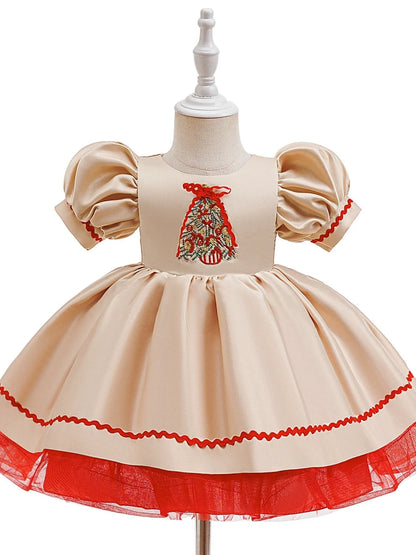A-Line/Princess Scoop Puff Sleeves Christmas Dresses for Girls WIth Embroidery