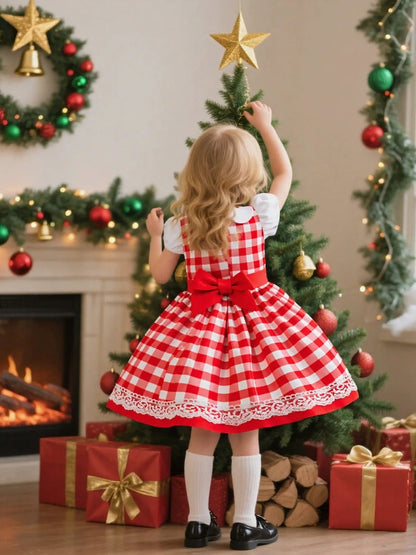 A-Line/Princess Peter Pan Collar Puff Sleeves Plaid Christmas Dresses for Girls