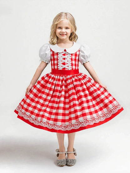 A-Line/Princess Peter Pan Collar Puff Sleeves Plaid Christmas Dresses for Girls