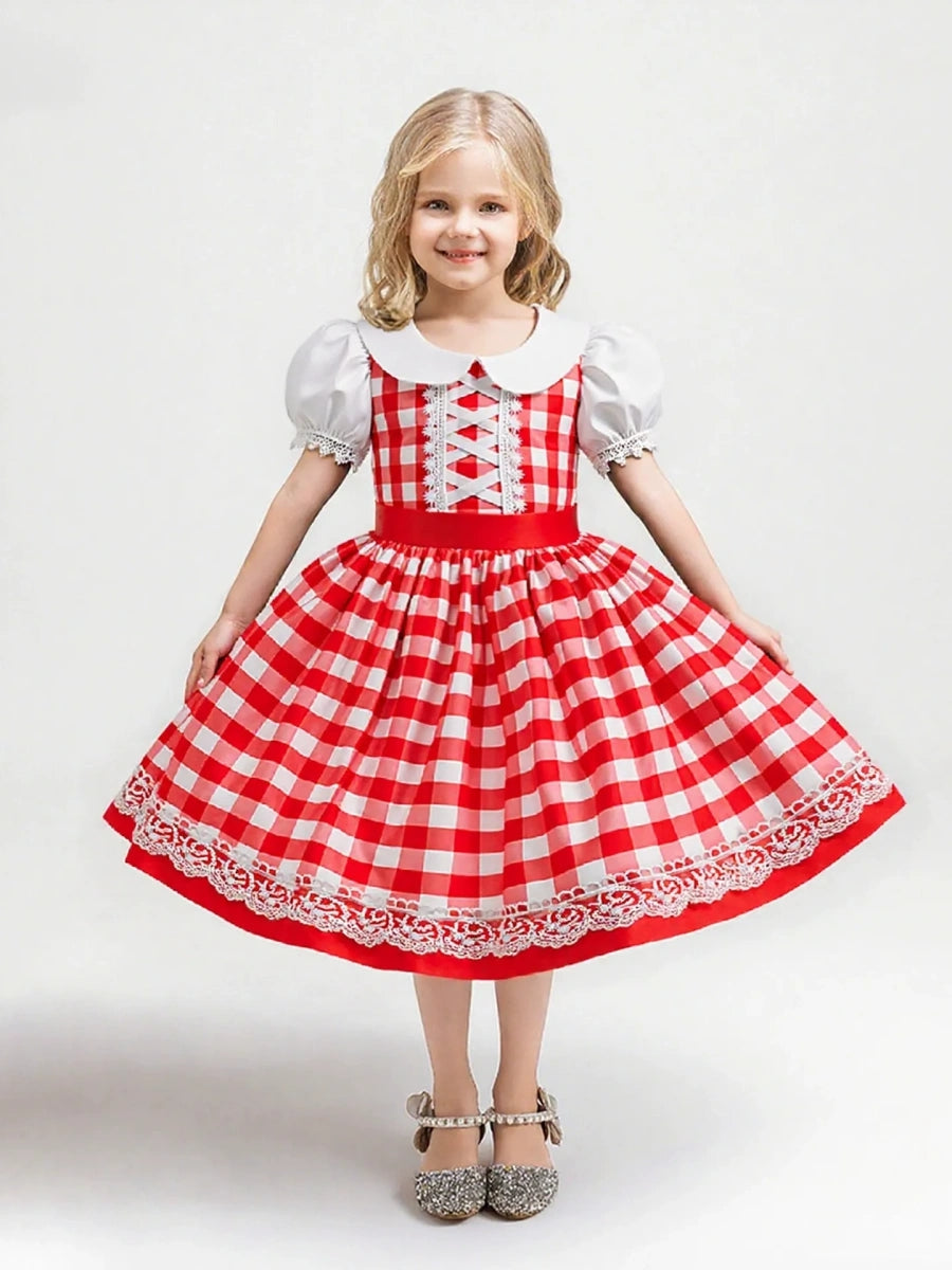 A-Line/Princess Peter Pan Collar Puff Sleeves Plaid Christmas Dresses for Girls