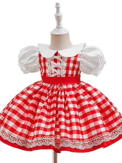 A-Line/Princess Peter Pan Collar Puff Sleeves Plaid Christmas Dresses for Girls