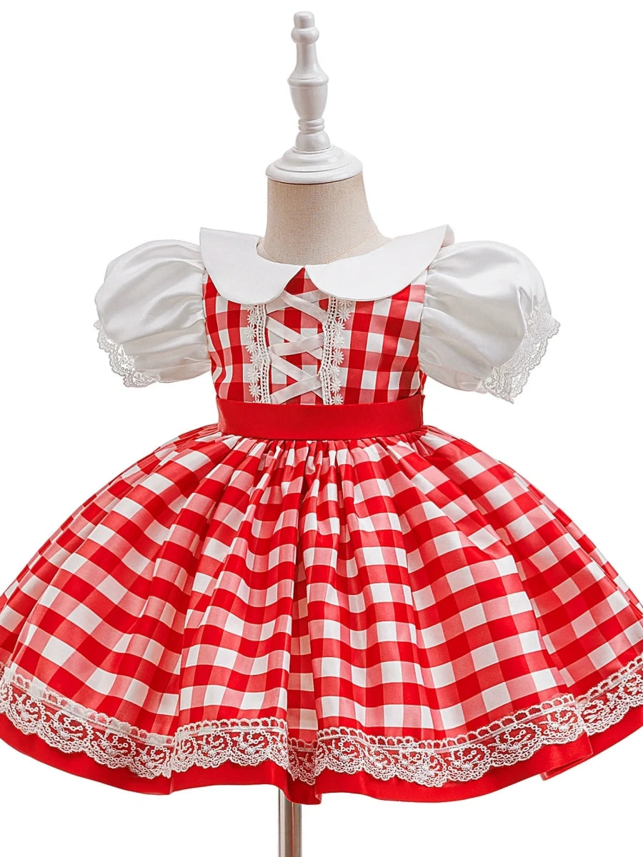 A-Line/Princess Peter Pan Collar Puff Sleeves Plaid Christmas Dresses for Girls