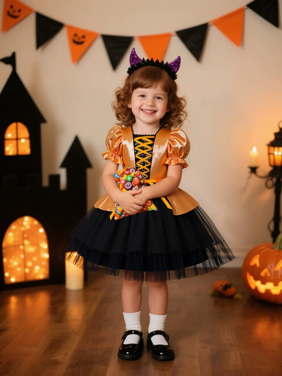Tulle Ball Gown Square Neck Puff Sleeves Knee-Length Halloween Dresses for Girls With Bowknot