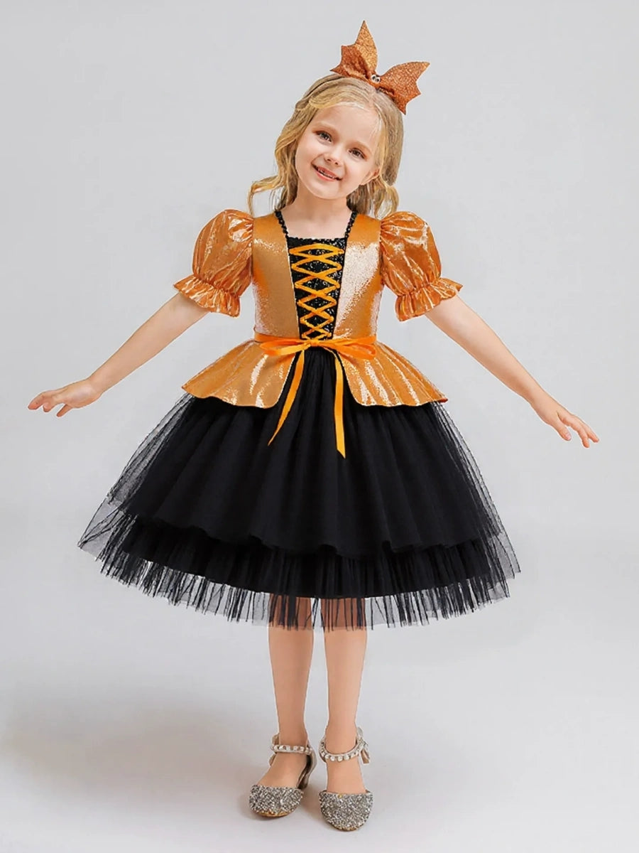 Tulle Ball Gown Square Neck Puff Sleeves Knee-Length Halloween Dresses for Girls With Bowknot