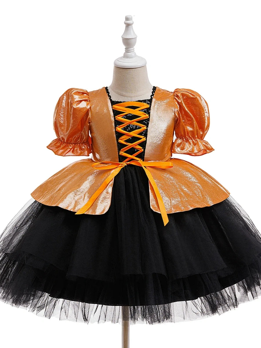 Tulle Ball Gown Square Neck Puff Sleeves Knee-Length Halloween Dresses for Girls With Bowknot