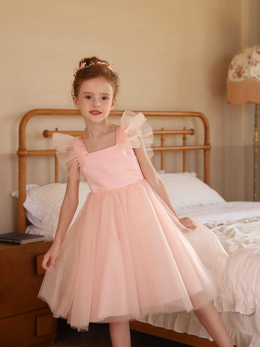 A-Line/Princess Square Neck Flying Sleeves Flower Girl Dresses with Ruffles