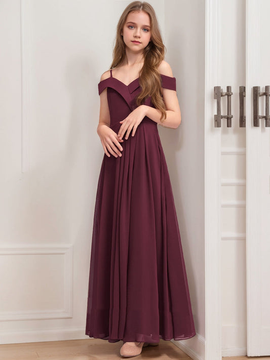 A-Line/Princess Cold Shoulder Short Sleeves Pleats Junior Bridesmaid Dresses