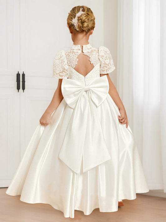 A-Line/Princess High Neck Short Sleeves Satin Flower Girl Dresses with Bow