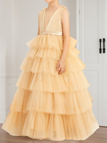 A-Line/Princess V-Neck Sleeveless Tulle Flower Girl Dresses with Ruffles