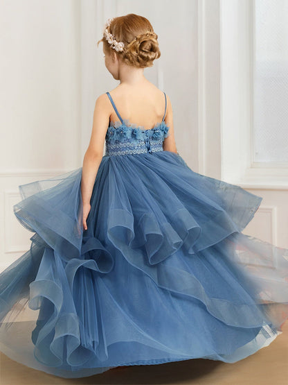 A-Line/Princess Spaghetti Straps Lace Ruffle Flower Girl Dresses with 3D Flowers