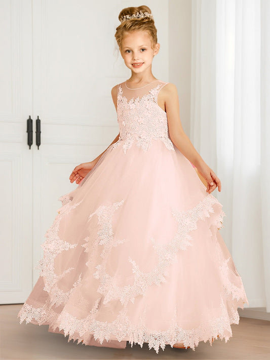 A-Line/Princess Scoop Neck Applique Tulle Flower Girl Dresses with Ruffles