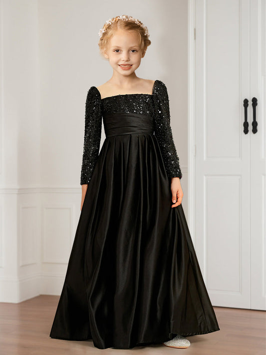 A-Line/Princess Square Neck Long Sleeves Flower Girl Dresses with Sequins