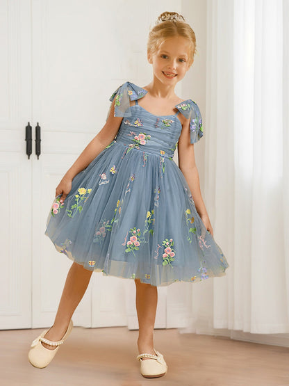 A-Line/Princess V-Neck Tie Shoulder Tulle Flower Girl Dresses with Floral Embroidery