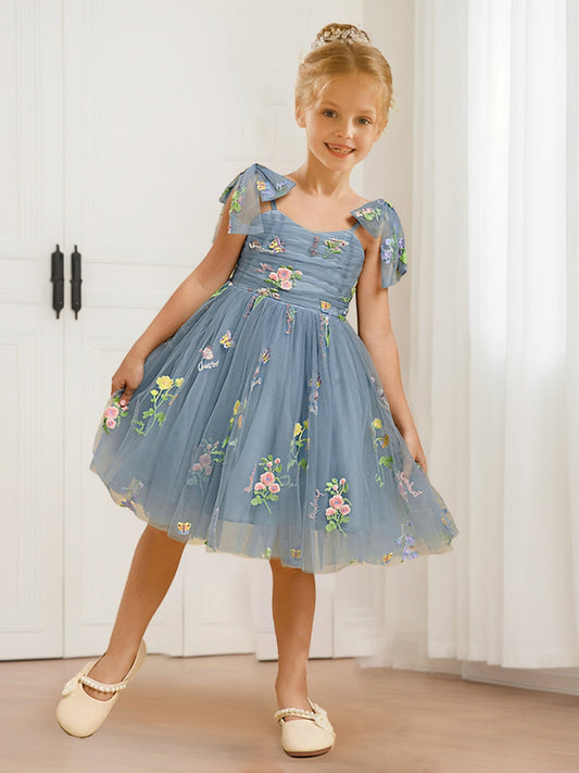 A-Line/Princess V-Neck Tie Shoulder Tulle Flower Girl Dresses with Floral Embroidery
