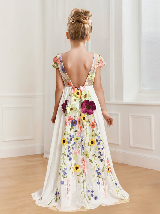 A-Line/Princess V-Neck Floor-Length Chiffon Flower Girl Dresses with Floral Appliques