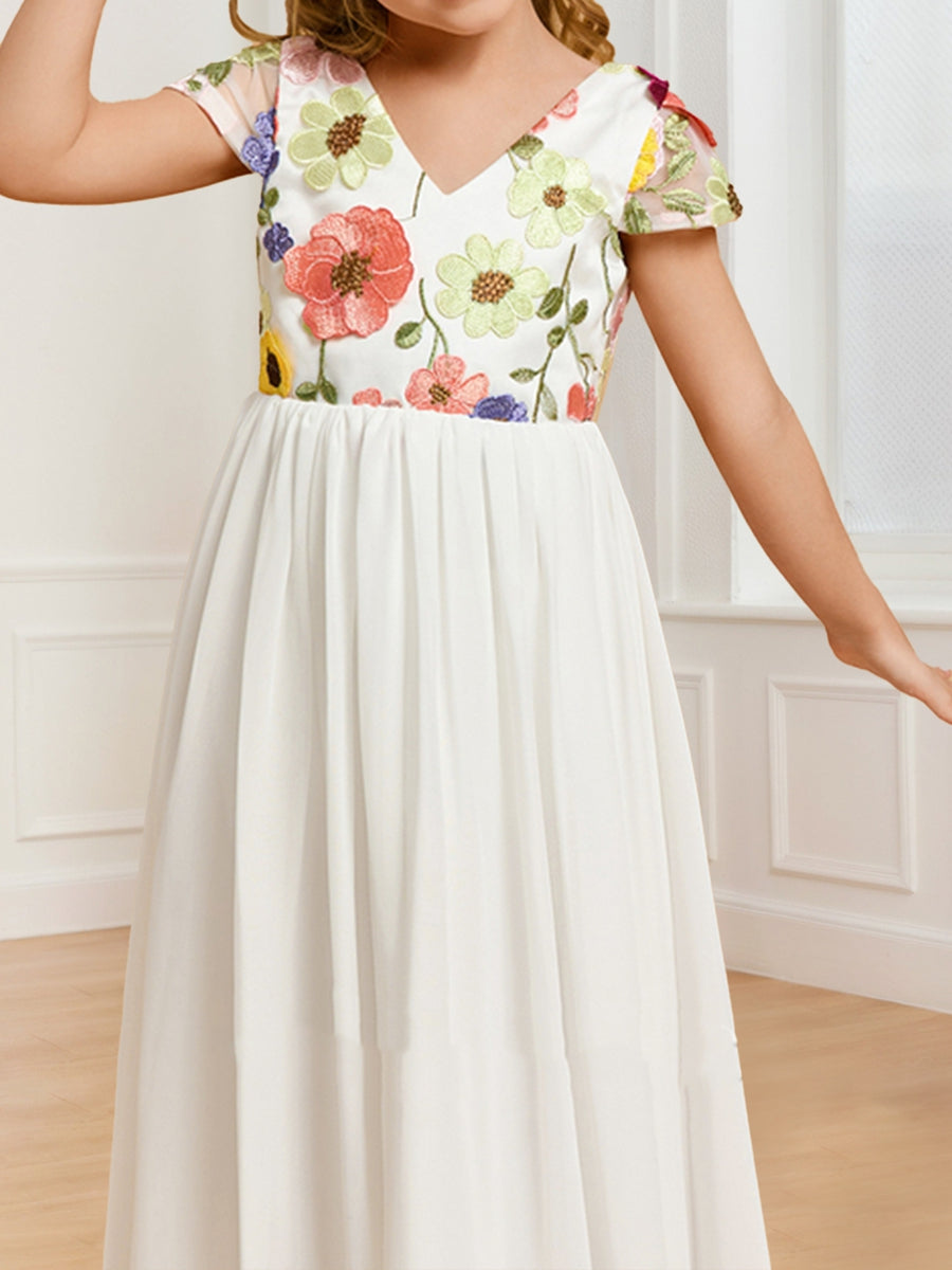 A-Line/Princess V-Neck Floor-Length Chiffon Flower Girl Dresses with Floral Appliques