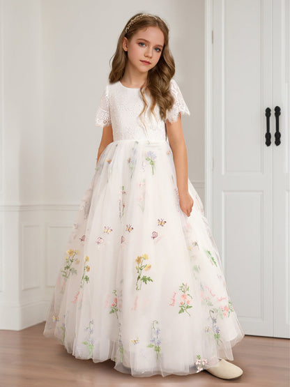A-Line/Princess Scoop Floor-Length Lace Flower Girl Dresses with Floral Embroidery