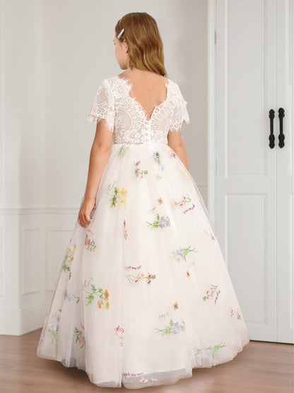 A-Line/Princess Scoop Floor-Length Lace Flower Girl Dresses with Floral Embroidery