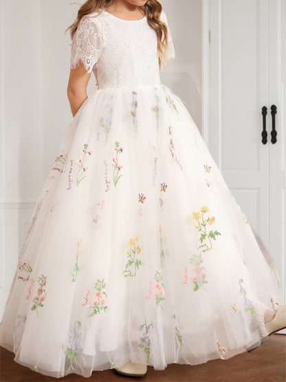 A-Line/Princess Scoop Floor-Length Lace Flower Girl Dresses with Floral Embroidery