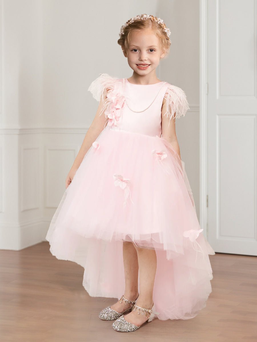 A-Line/Princess Scoop Sleeveless High-Low Tulle Flower Girl Dresses with Beading and Feather