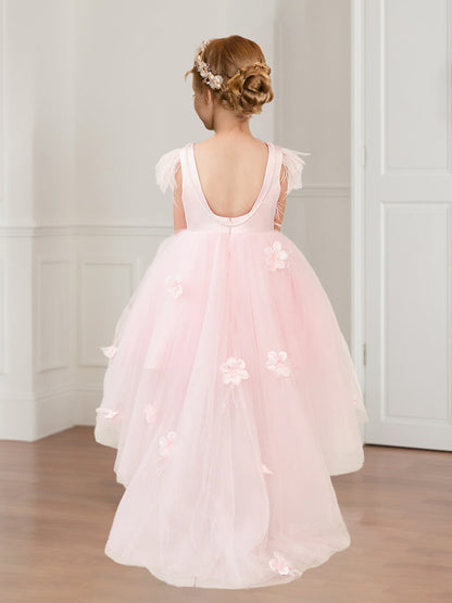 A-Line/Princess Scoop Sleeveless High-Low Tulle Flower Girl Dresses with Beading and Feather