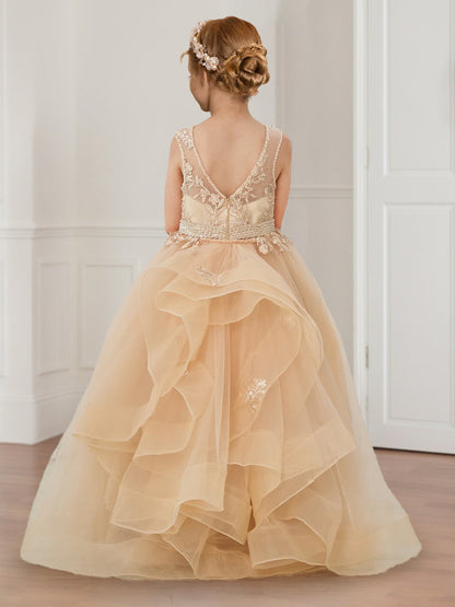 Ball-Gown/Princess Scoop Appliques Tulle Flower Girl Dresses with Detachable Train