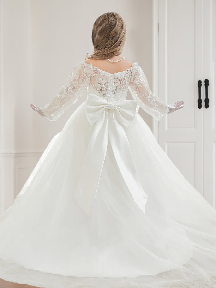 Ball-Gown/Princess Off-the-Shoulder Lace Tulle Girl Party Dresses with Long Sleeves