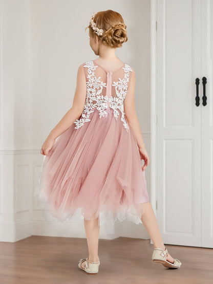 Ball-Gown/Princess Scoop Tea- Length Tulle Flower Girl Dresses with Appliques