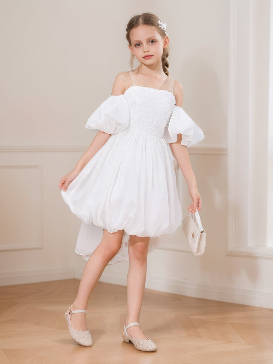 Ball-Gown/Princess Straps Puff Sleeves Knee-Length Flower Girl Dresses with Appliques