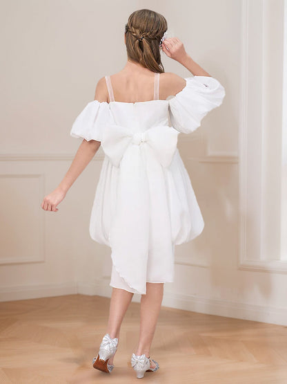 Ball-Gown/Princess Straps Puff Sleeves Knee-Length Flower Girl Dresses with Appliques