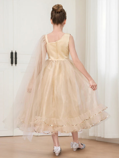 Ball-Gown/Princess Asymmetrical One-Shoulder Sleeveless Sequin Girl Party Dresses with Cape