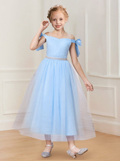 Ball-Gown/Princess Off-the-Shoulder Beaded Tulle Girl Party Dresses with Bow