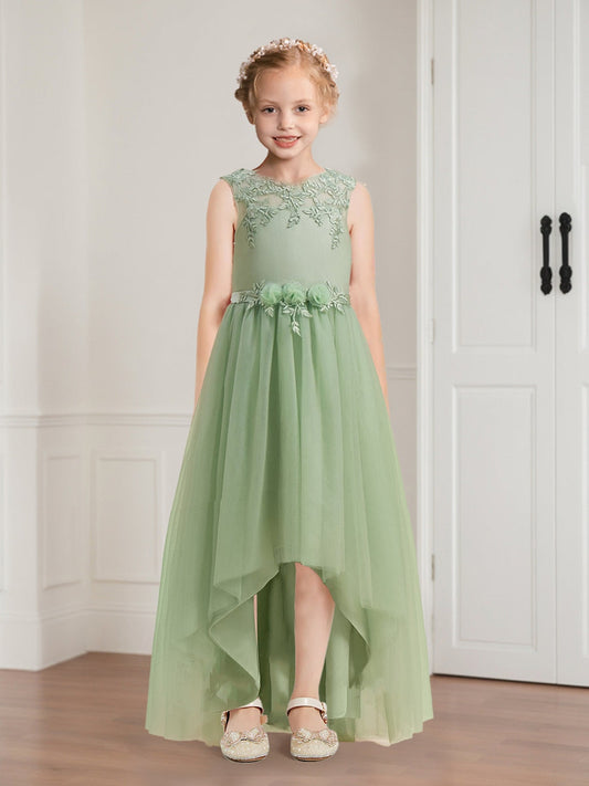 A-Line/Princess Tulle Sleeveless Floor-Length Flower Girl Dresses with Applique & Sash
