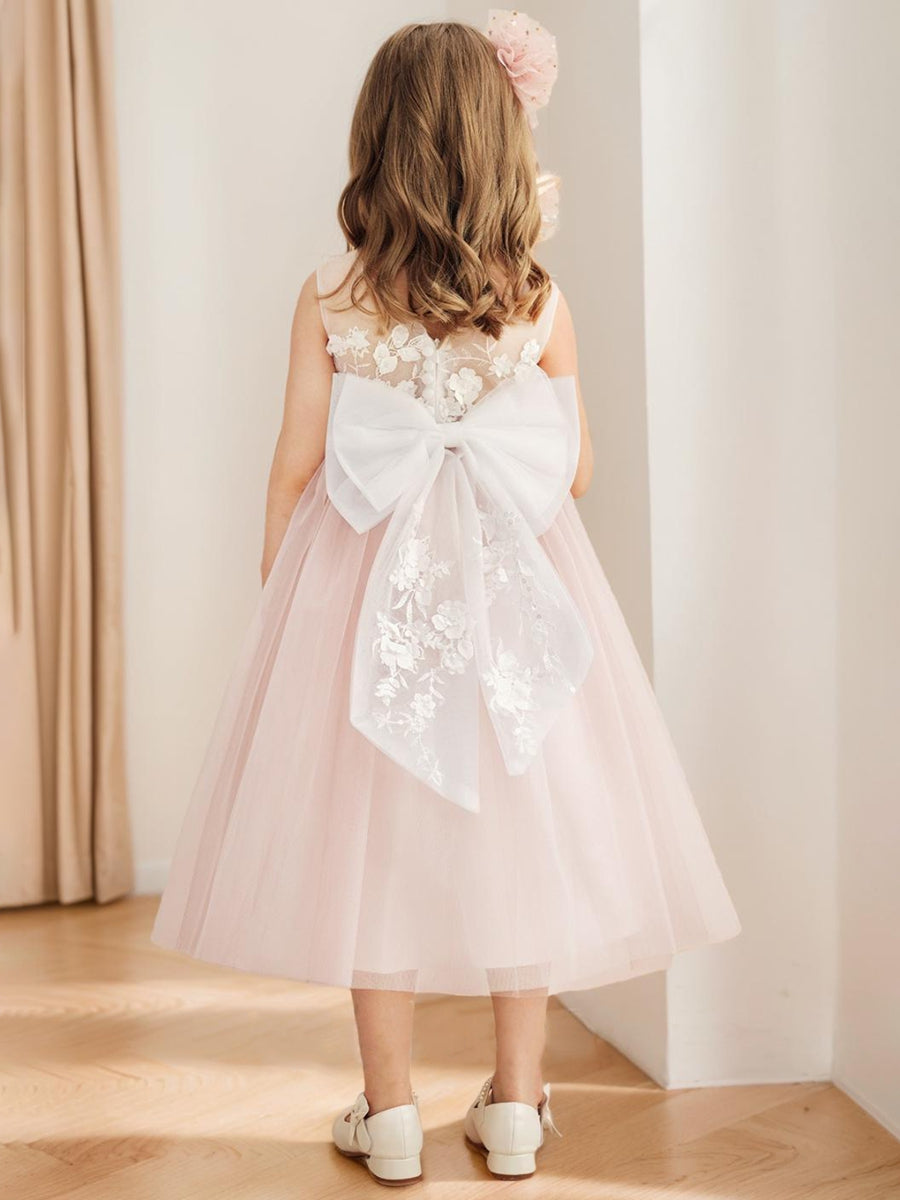A-Line/Princess Scoop Tea-Length Tulle Sleeveless Flower Girl Dresses with Bow & Sash