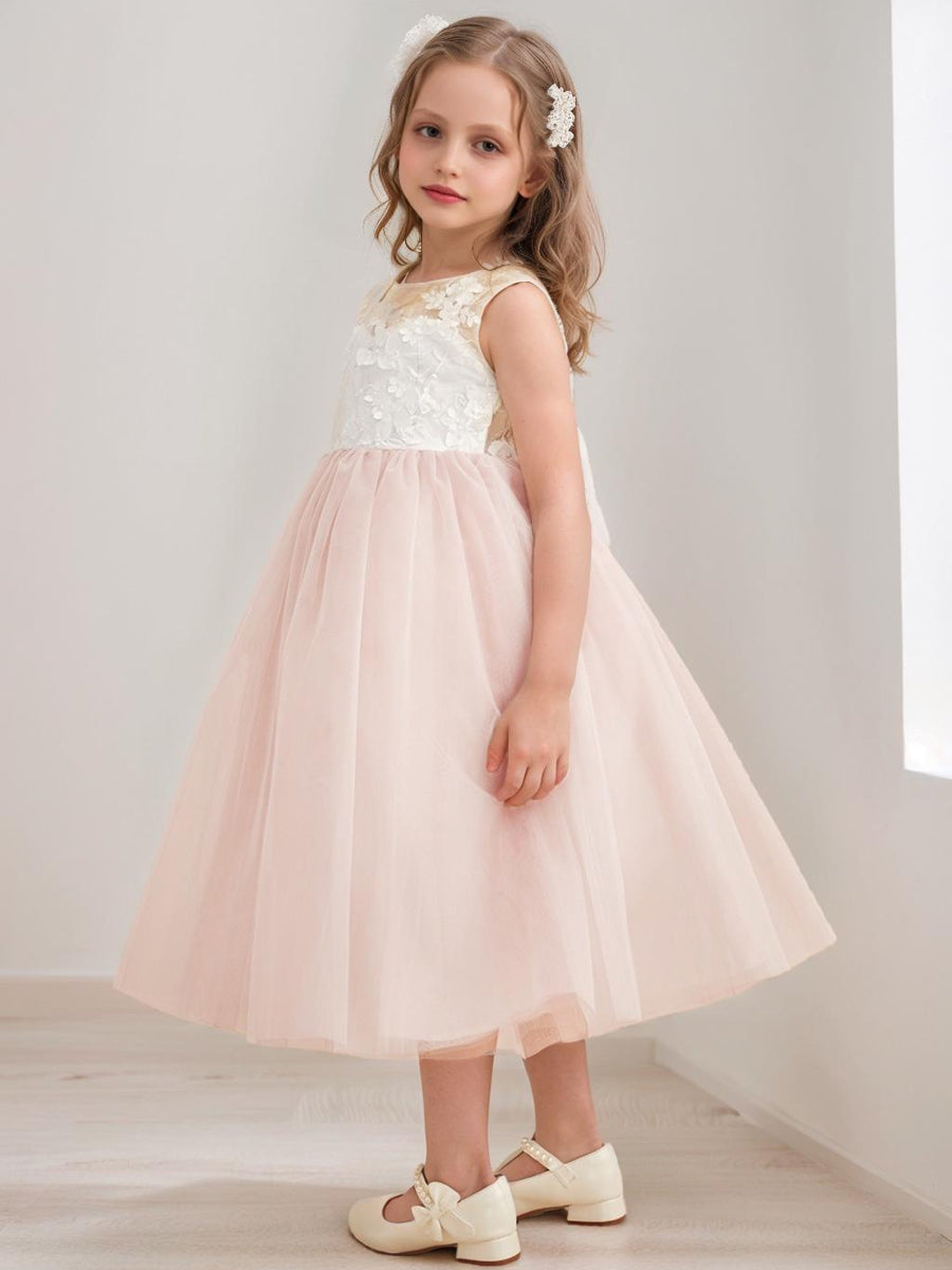 A-Line/Princess Scoop Tea-Length Tulle Sleeveless Flower Girl Dresses with Bow & Sash